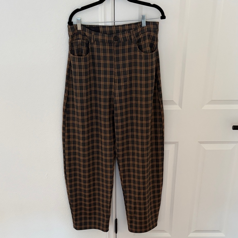 Zara Brown Plaid High-Waist Trousers